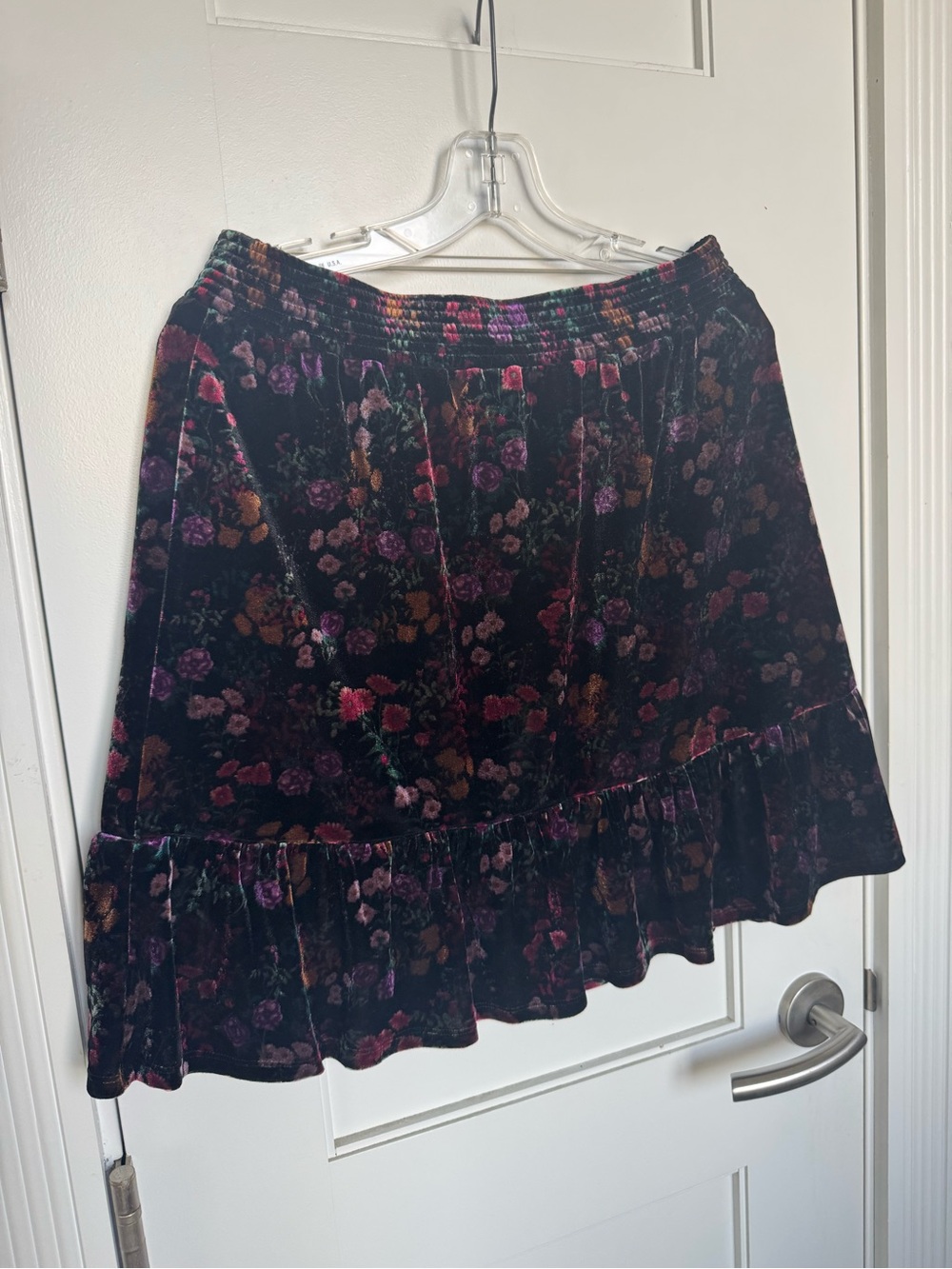 LOFT Black Velvet A-Line Skirt with Multicolor Floral Print